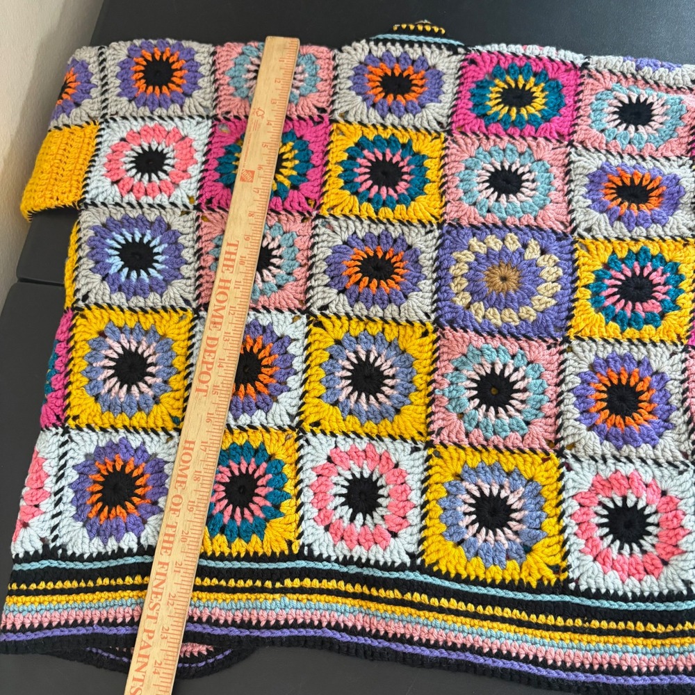 Handmade Crochet Granny Square Open Cardigan Sweater Rainbow Sunburst Size L - Picture 7 of 9